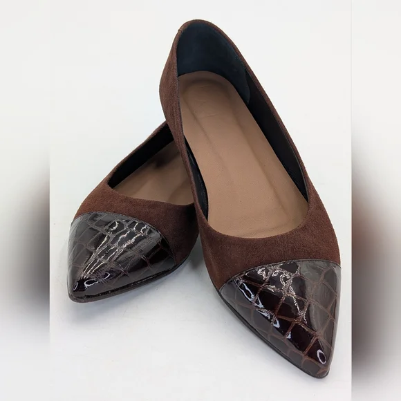 Flattered Studio Sz 6 Luxurious Suede & Croc-Embossed Brown Pointed Ballet Flats - Picture 8 of 17